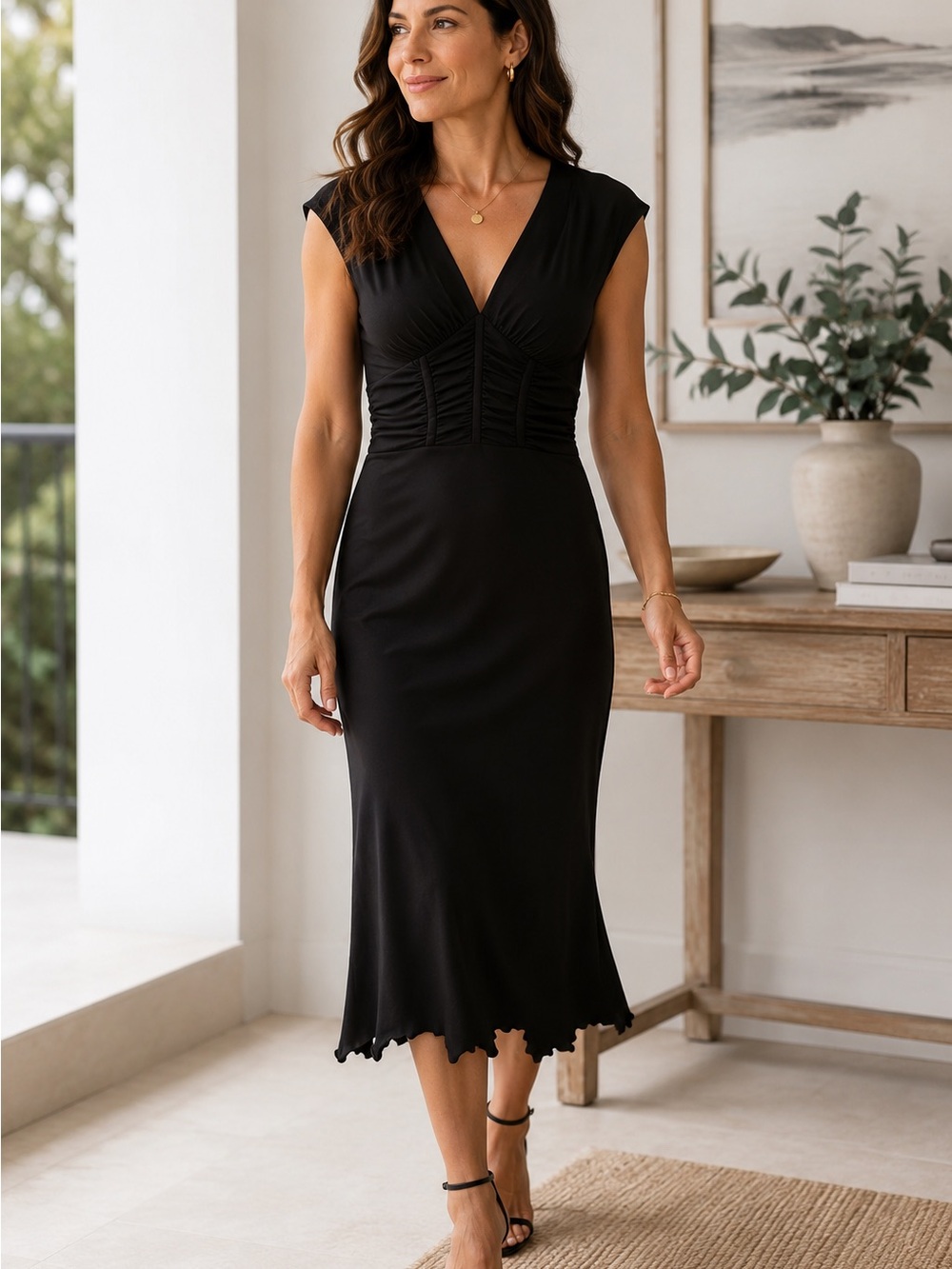 Rabbit Rabbit Rabbit Black Midi V‑Neck Ruched Dress